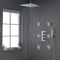 Robinet thermostatique luxueux de 16 pouces avec douche de plafond LED, pluie, 6 jets de massage, laiton poli, douche murale de spa