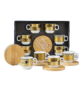Ensemble de tasses à café et soucoupes en porcelaine de luxe moderne de 12 pièces au design arabe, boîte cadeau de voyage en bois écologique, marque <span class=keywords><strong>YOUZE</strong></span> - Product Image 1