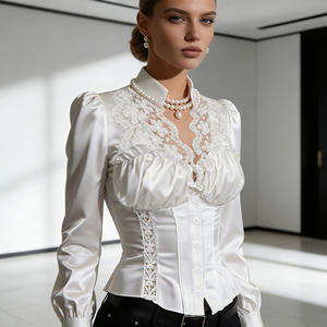 Oferta especial en Temu: Blusa vintage blanca de encaje para mujer, con mangas abullonadas, cuello alto, corte ajustado y elegante. - Product Image 2