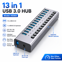 Hub USB 3.0 13 ports 5 Gbps, puce GL3510, boîtier en aluminium, 13 interrupteurs individuels, adaptateur secteur 12 V, métal HS084