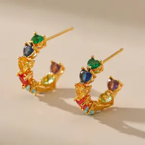 New Popular Colorful Crystal Rhinestone Earings 18k Gold Plated Zircon Haf Circle Stud Earrings