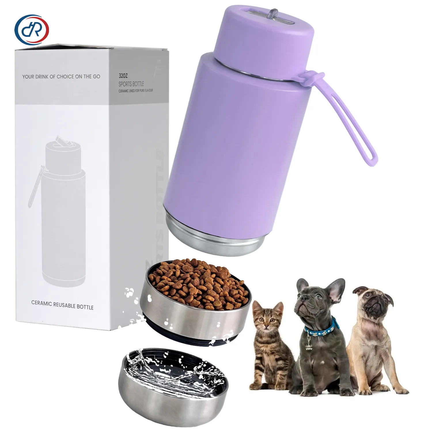 3 in 1 tragbare 20 Unzen 32 Unzen Outdoor-Hundeflasche aus Edelstahl für Reisen und Hundewasserflasche