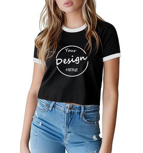 เสื้อยืดครอปสำหรับผู้หญิงเสื้อครอปผ้าฝ้าย95% ธรรมดาเสื้อครอป5% สแปนเด็กซ์งานปักเสื้อยืดริงเกอร์ออกแบบได้ตามต้องการ - Product Image 3