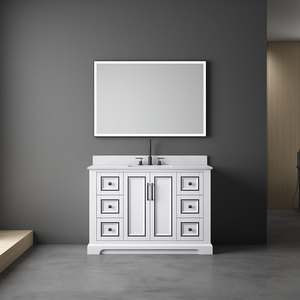 Meuble-lavabo élégant et moderne en bois massif avec comptoir en marbre blanc de Carrare (Italie), charnières à fermeture douce, miroir LED et vasque en céramique - Product Image 2