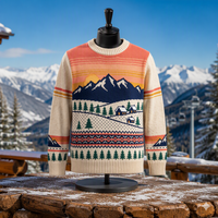 Pull jacquard personnalisé pour homme à col rond, motif cabane de montagne et coucher de soleil, tricot d'hiver, vente en gros OEM