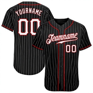 Camiseta de Béisbol Personalizada, Negra con Rayas Blancas y Ribete Rojo, Cierre de Botones, Manga Corta, Transpirable, de Poliéster, con Nombre del Equipo Impreso - Product Image 1
