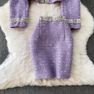 Ensemble deux pièces élégant pour <span class=keywords><strong>femme</strong></span>, veste à col rond ornée <span class=keywords><strong>de</strong></span> perles lourdes, jupe à sequins ajustée, <span class=keywords><strong>tenue</strong></span> <span class=keywords><strong>de</strong></span> soirée jeune et élégante - Product Image 5