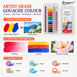 Giorgione – Lot de 12 tubes de <span class=keywords><strong>gouache</strong></span> 12 ml avec pinceau, pigments riches, fournitures d'art, vente en gros, fournisseur d'usine – En stock - Product Image 4