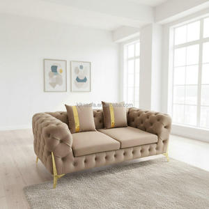 طقم أريكة تشيسترفيلد مبطن بـ 223 مقعد، ظهر مزخرف، أرجل معدنية ذهبية، قماش مخملي - أريكة قطاعية بتصميم عصري للشقق - Product Image 4