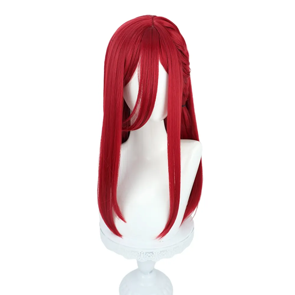 Peluca larga y recta de Anime para Cosplay, cabello sintético con cierre azul, color rojo vino, con trenza de masa frita en el lateral, Chigiri Hyouma, venta al por mayor