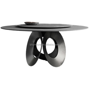 Table à manger ronde moderne en pierre frittée avec plateau en marbre noir Lazy Susan, base en métal, 6-8 places, mobilier de restaurant de luxe - Product Image 1