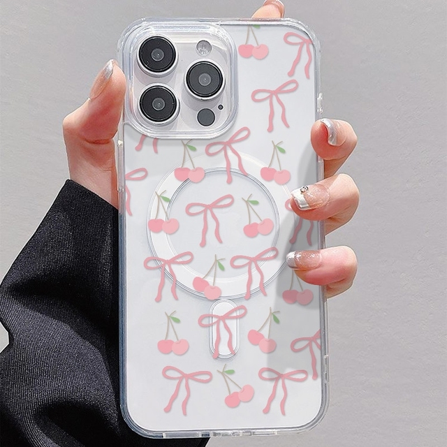 Fashion Pink Bowknot Mobile Phone case for iPhone 16 Plus 15 Plus 17 Pro Max 14 13 Wireless Magnetic Coque Shell Back Cover