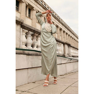 100% das mulheres Poliéster Cetim Vestido Maxi Modest Tripulação Pescoço do Fabricante Muçulmano Adrianna Mint Ruched Império Simples para Eid - Product Image 1