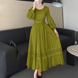 Vendita Diretta di Fabbrica: Abito Lungo Plissettato Miyake per Donne, Vestito Casual Vintage in Pizzo con Maniche a Lanterna, Decorazione Ricamata e Arricciata - Product Image 4