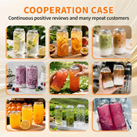 Boîte de boisson en plastique PET transparente de qualité alimentaire, forme ronde avec couvercle en aluminium facile à ouvrir pour l'emballage de jus, d'aliments et de boissons