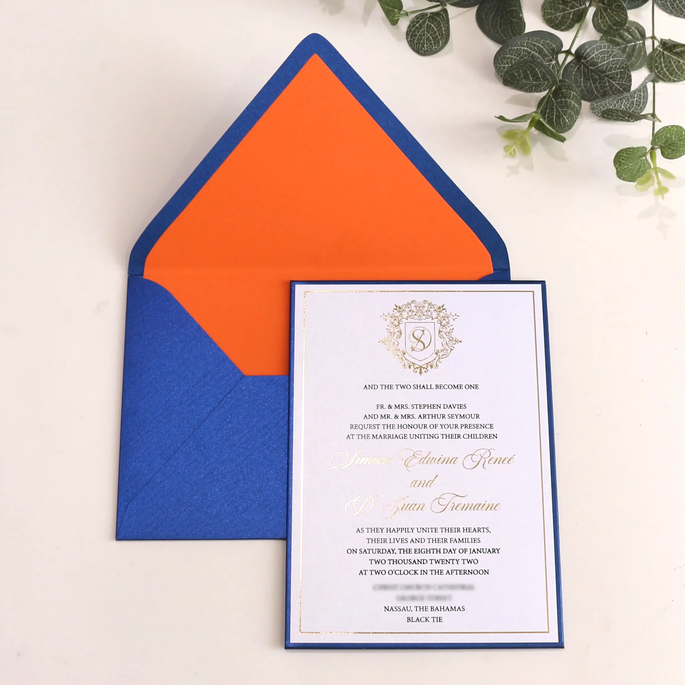 Quinceanera convite real azul convite a5 tamanho único placa rígida convite de casamento com envelope forro laranja