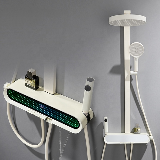 Smart Hot Selling Household White Shower Column Waterfall Modern Bathroom Thermostatic Shower Head Piano Key Digital Shower Set