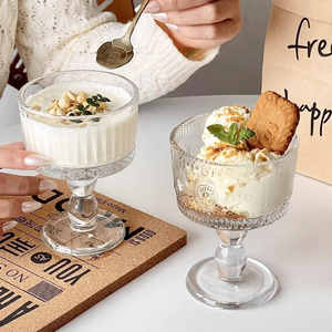 Francese Retro incide in vetro alto piccola ciotola da Dessert cilindro portacandele budino tazza di bicchiere di vino calice - Product Image 4