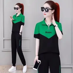 2024 Summer Women Two Piece Sets Half Zipper T-Shirts+Sports Pants Female Fashion Patchwork Oufits Ladies Casual Loose Tracksuit