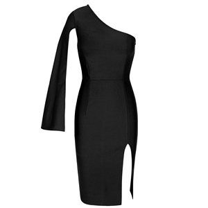 MF ชุดเดรสยาวคลุมเข่าเปิดไหล่ข้างหนึ่งของผู้หญิงชุดเดรสยาวคลุมเข่าสีดำแฟชั่นมีสไตล์ใหม่ที่สง่างาม - Product Image 5