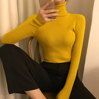 Pulls en maille pour femmes, col roulé, manches longues, couleur jaune, collection hiver