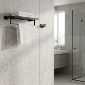 Porte-serviettes mural en acier inoxydable noir avec étagère, organisateur de rangement minimaliste pour salle de bain, support fixe pour serviettes - Product Image 1