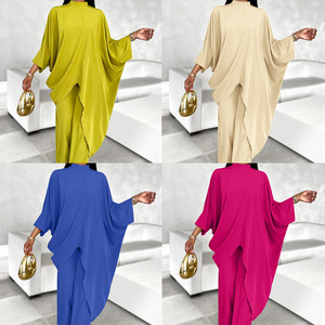 New Summer Solid Color Standing Collar Long Sleeve Pleated Long Asymmetric Shirt Pants Women's Casual 2 Piece <b>Set</b> - Product Image 2