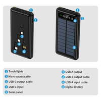 Baterai Li-Polymer 10000mAh Pengisian Cepat Tampilan Digital Power Bank Tenaga Surya dengan 2 Senter LED Dapat Dilepas Dilengkapi 4 Kabel Terpasang