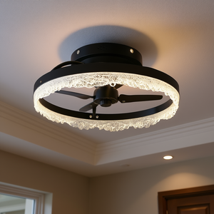 Ventilateur de plafond LED moderne encastré 16 pouces avec anneau en acrylique noir, télécommande, variateur d'intensité, 3 pales, moteur DC - Product Image 2