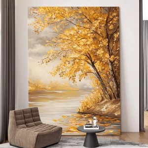 Pintura al óleo de paisaje minimalista moderna, hojas doradas, arte decorativo hecho a mano con textura para sala de estar, recibidor - Product Image 4