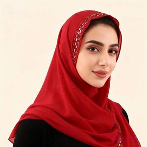 Nouveau hijab en mousseline de soie uni 180 x 70 cm avec perles et strass, style ethnique, écharpe pour femme, hijab en mousseline de soie à effet dégradé - Product Image 1