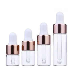 Mini tubo de vidro âmbar transparente, frasco de 1ml/2ml/3ml/5ml para óleo essencial, com tampa de ouro rosado, transparente