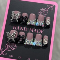 TSZS Faux Ongles de Luxe Faits Main à Pression, Motif Bec de Canard, Strass 3D, Papillon, Fleur, French, Réutilisables, pour Femmes et Filles