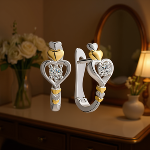 Orecchini a cuore romantici bicolore con zirconi rotondi incastonati a griffe per donna, gioielli da matrimonio alla moda, placcati oro 18 carati - Product Image 2