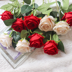 Kch Artificial Rose <b>Bouquet</b> Red And Ivory Velvet Fabric Wedding Decor Valentine's Day Gift Photography Props - Product Image 1
