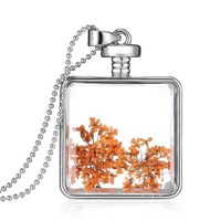 Kalung Liontin Locket Berliontin Kristal Bunga Ungu Asli Kering Persegi dengan Rantai Manik-Manik Paduan Seng Berlapis Emas Desain Baru