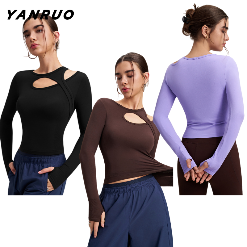 [Premium Selection] Breathable Spandex/Nylon Long-sleeve Original Sports Top Asymmetrical Cut-out Design Women's Yoga