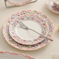 Service de table en céramique haut de gamme, motif végétal rétro, gaufré, compatible micro-ondes, avec bol, assiette, tasse et cuillère