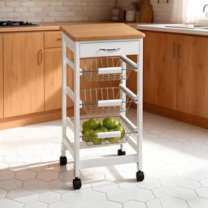 Chariot de service de cuisine <span class=keywords><strong>sur</strong></span> roulettes Tiroir de rangement à 4 niveaux Roulettes verrouillables de comptoir Chariot de petit-déjeuner en bois KC-TR0038 - Product Image 1