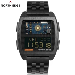 NORTH EDGE New Men's Digital Smart Watch Retro Industrial Style All Metal Sports Watches Cyber Tank World Time Auto Light Switch