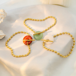 French Vintage Style Natural Round 18k Gold Titanium Steel Seed Bead Chain Bracelet With Crystal Green Stone Ot Buckle - Product Image 3
