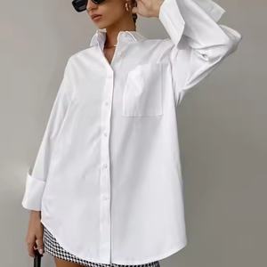 Blusas y Camisas con Logotipo Personalizado OEM para Mujer, Camisa Casual de Algodón de Manga Larga con Cuello Camisero Sólido para Mujer - Product Image 1