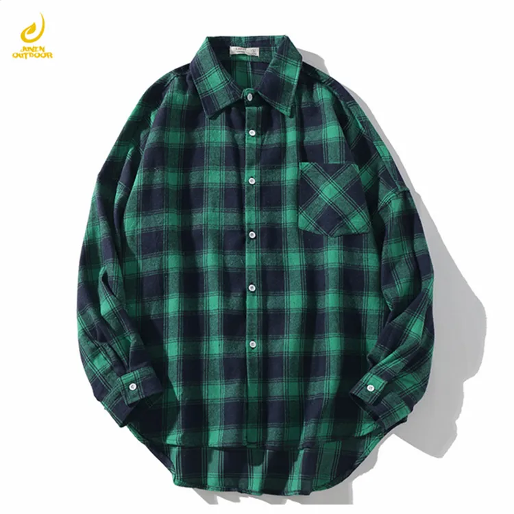 Benutzer definiertes Logo übergroße Farbe Patchwork Flanell Langarm Drop Schultern Herren Einreiher Plaid Shirt