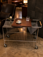 Chariot de service mobile moderne en acier inoxydable à 4 roues, plateau en bois massif, paniers doubles en maille, idéal pour cuisine et salon – Vente directe usine
