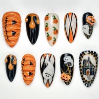 Faux ongles personnalisés pour Halloween, forme amande longue, motif citrouille noir et orange, faits à la main, réutilisables