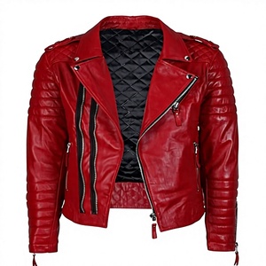Veste de moto en cuir PU rouge pour homme avec fermeture éclair, coupe ajustée, col rabattable, design coupe-vent, vêtements d'automne - Product Image 1