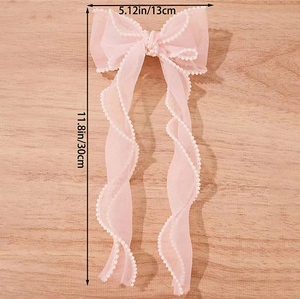 Grosir gaya Eropa Amerika jepit rambut merah untuk anak perempuan klip rambut kain mutiara pita Organza busur bahan Satin untuk penggunaan sehari-hari - Product Image 4