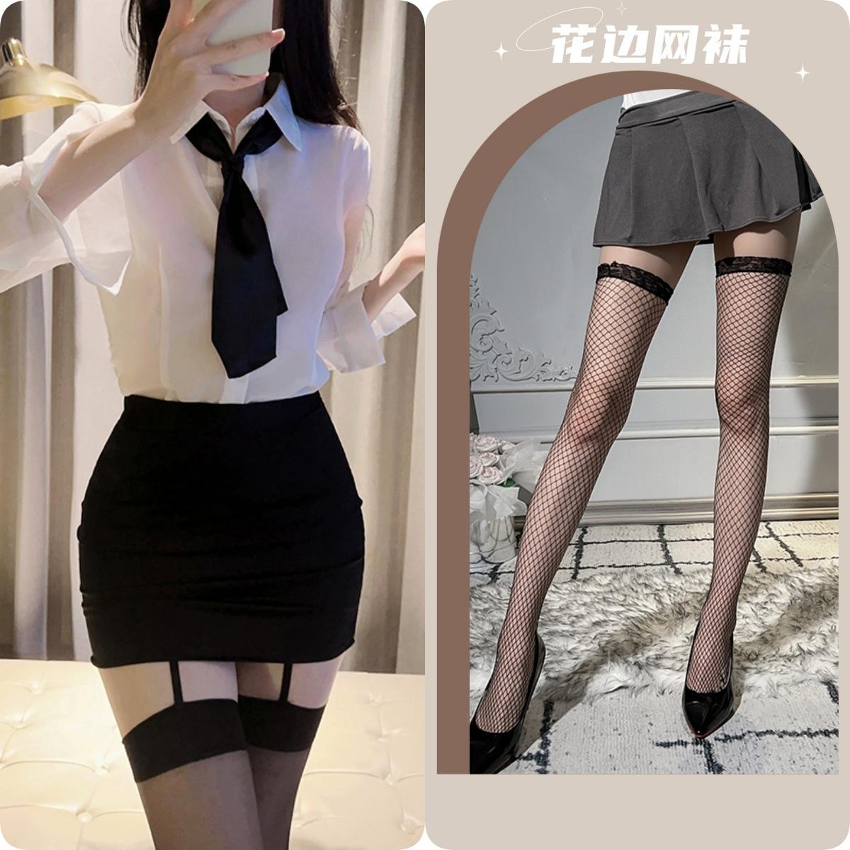 Black and white suit + black fishnet stockings