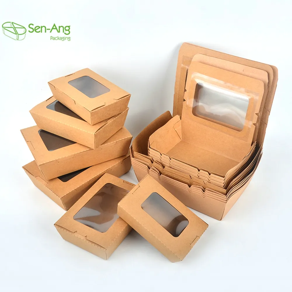 SenAng05 Best Selling Snack Cookie Fried Chicken Rectangle Take Way Lid 700Ml Brown Kraft Paper Box With Window