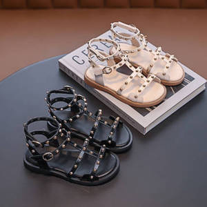 Sandales unies à bout ouvert pour filles, sandales à semelle souple avec nœud brodé pour filles - Product Image 2